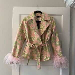 Andreeva Pink and Green Floral Blazer with Feather Cuffs